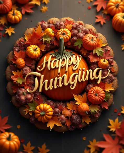 or higher, so amazing, 8k, very detailed, 2.5d, 、with fall leaves and pumpkins around、Decorate a golden Thanksgiving logo with a...