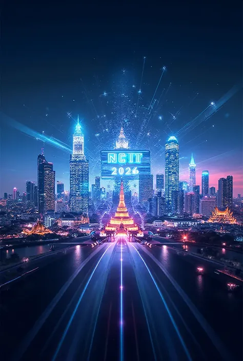 Modern and sleek website cover image of Bangkok, featuring iconic landmarks such as Grand Palace, Wat Arun, and contemporary sky...