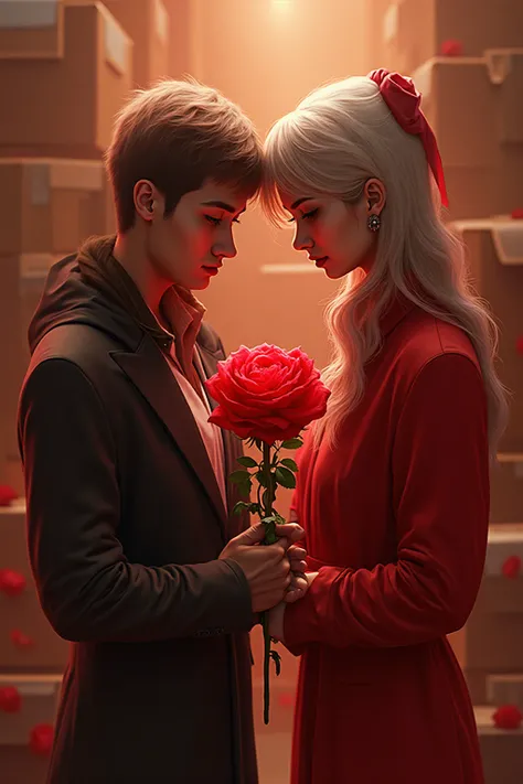 deux personnes de type opposé habillé de couleurs rouge , In the middle of moving boxes, une rose rouge , Quality 8k