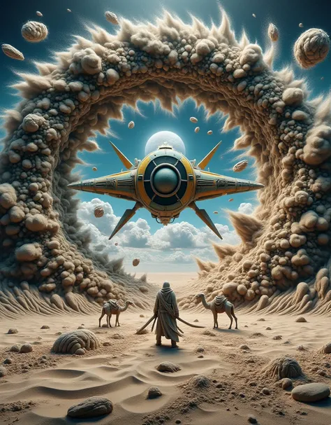 Debris—stones, dust, and fragments—rise from the ground, suspended within the turbulence. Arabian black desert and in front a si...