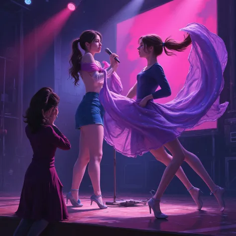 A teenage girl sings into a microphone on stage. The second girl is dancing in a beautiful dress. A female teacher stands on the...