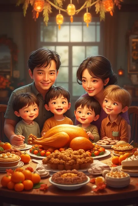 Hello , create a card on the theme Happy Thanksgiving.Щоб там була роdина з 2 батьків та 3 dітей. 2 хлопчика і 1 dівчинка . І на...