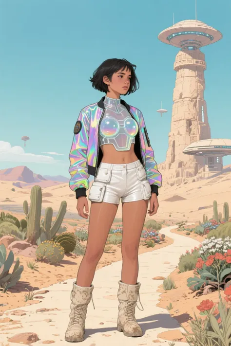 Fair skinned hispanic female teen with dark short hair; in translucent hard plastic chest piece breastplate with high waisted wh...