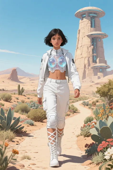 Fair skinned hispanic female teen with dark short hair; in translucent hard plastic chest piece breastplate with white cargo pan...