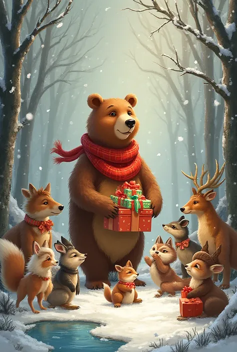 A bear with gifts, many different animals with gifts, nature