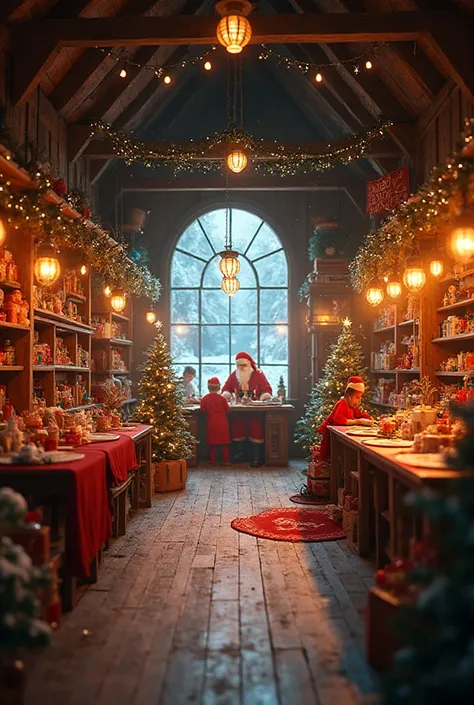 “Ultra-realistic 4K Santa’s workshop interior, warm cozy lighting, wooden walls and beams, glowing lanterns, Christmas decoratio...