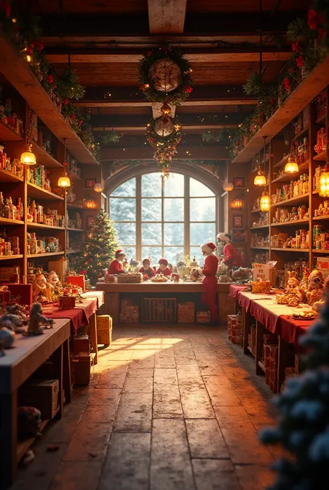 “Ultra-realistic 4K Santa’s workshop interior, warm cozy lighting, wooden walls and beams, glowing lanterns, Christmas decoratio...