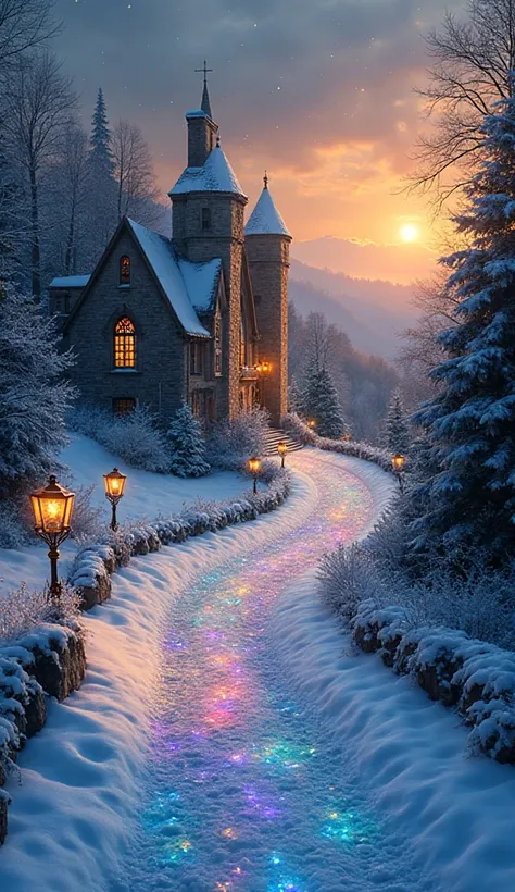 atmospheric Christmas composition in the style of magical realism: a wide panorama of snowy hilly landscape at sunset, with the ...