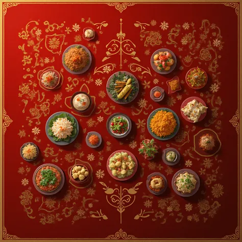 I'm currently verifying the precise transfer of each food element from its original source into the red and gold background desi...