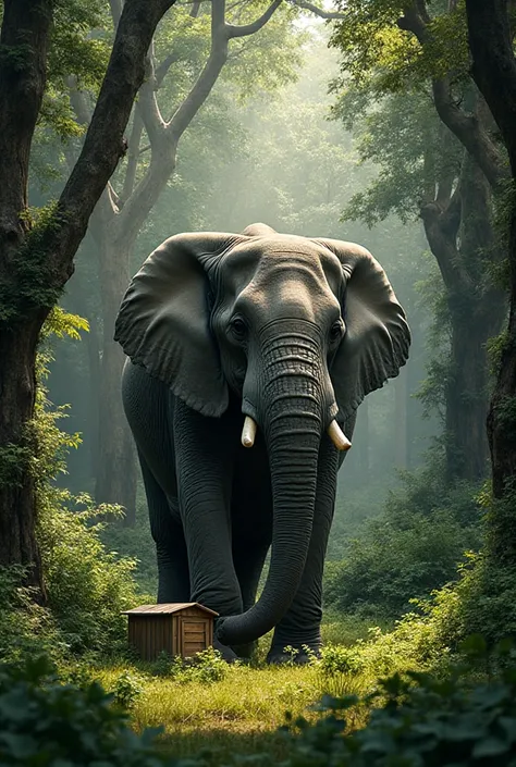in the heart of a dense and lush forest. A huge African elephant stands quietly. tall and tangled forest trees surround him on a...