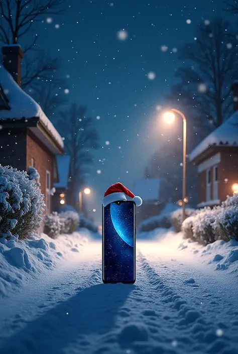 “A photorealistic snowy night village road with glowing street lamp light scattering through falling snowflakes. Snow-covered bu...