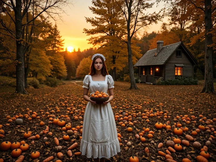A beautiful and haunting stone cottage surrounded by autumn trees at dusk, in the foreground a redhaired woman in an autumn them...