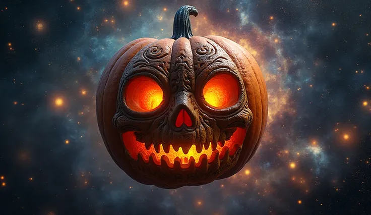 epic fantasy mid side front close tilted view of a "very big cute Halloween carved pumpkin that has bright eyes and it has Calav...
