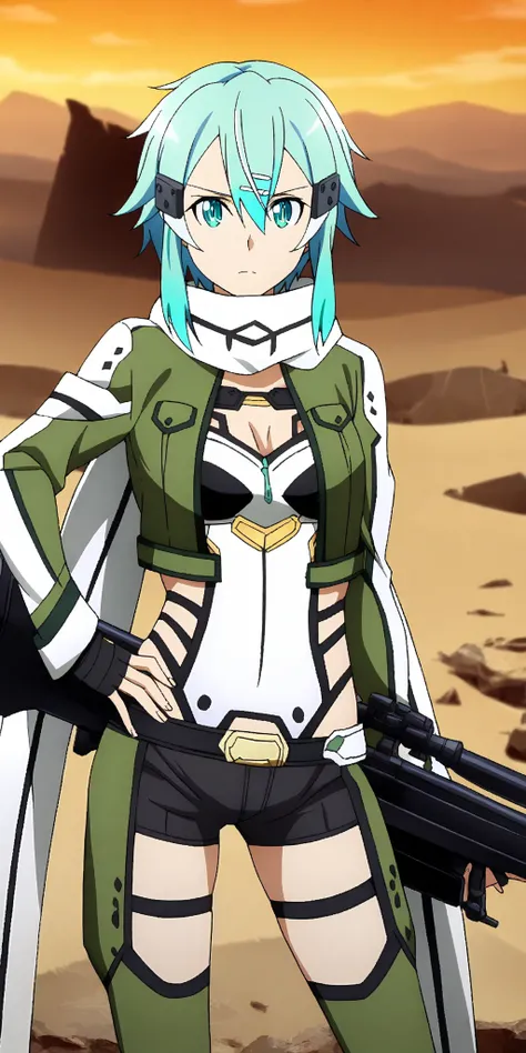 anime screencap, masterpiece, best quality,
1girl, solo, closed mouth, serious,
SinonGGOFight, hair between eyes, short hair wit...