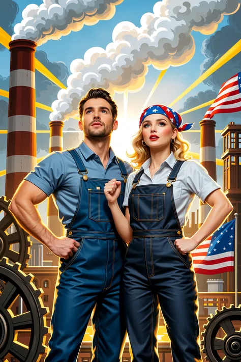 Vintage-style Labor Day poster with bold text and heroic figures