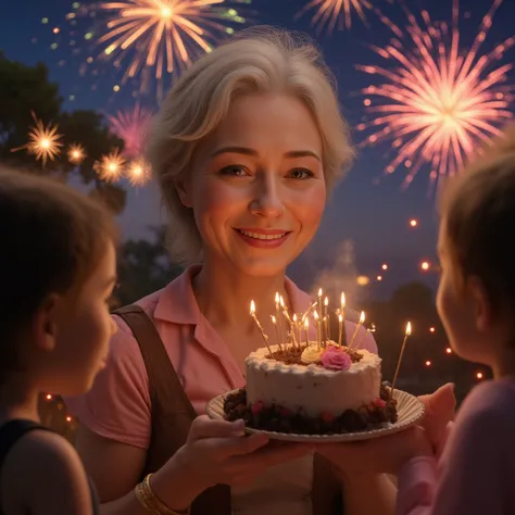 middle-aged grandmother with cake, fireworks, night
