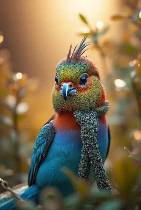 A mesmerizing close-up portrait of a gorgeous little bird illuminated by the soft, golden light of a tranquil morning, with vibr...