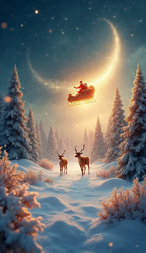 A dreamy Christmas night filled with shimmering snowfall and soft golden light. Santa’s sleigh glides across the glowing sky, le...