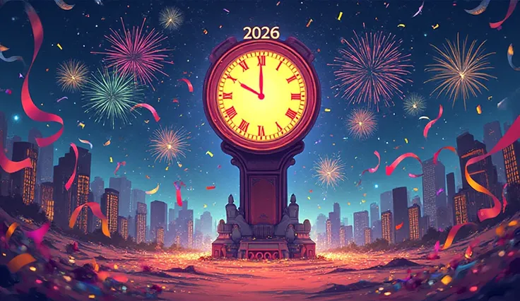 Cartoon-style New Year countdown clock striking midnight, fireworks exploding as the numbers flip from 2025 to big glowing “2026...
