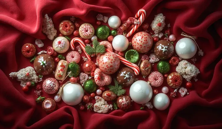 generate Christmas candies and white Christmas balls, red and green, lying on raspberry velvet, top view