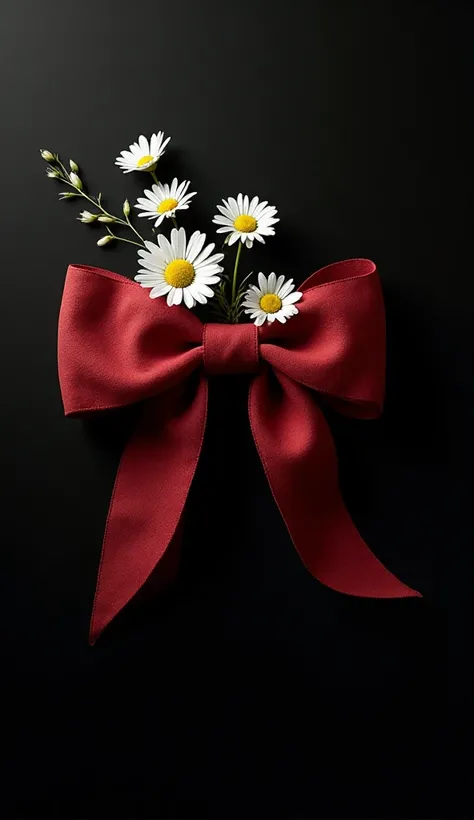 cute aesthetic soft dark red bow with white daisy flowersn on black background,flat lay view