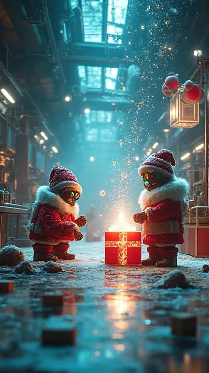((Inside a futuristic Santa workshop)), high-tech AI-driven machines forging holographic presents mid-air, small floating humano...