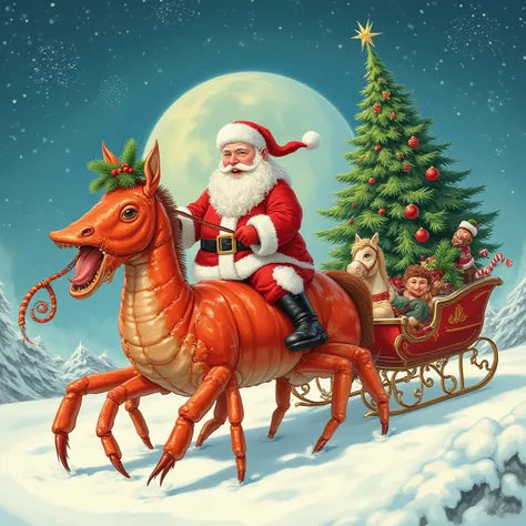 Create a New Year's poster on the left side of the image, Santa Claus rides on a huge crab, on the right side of the image there...