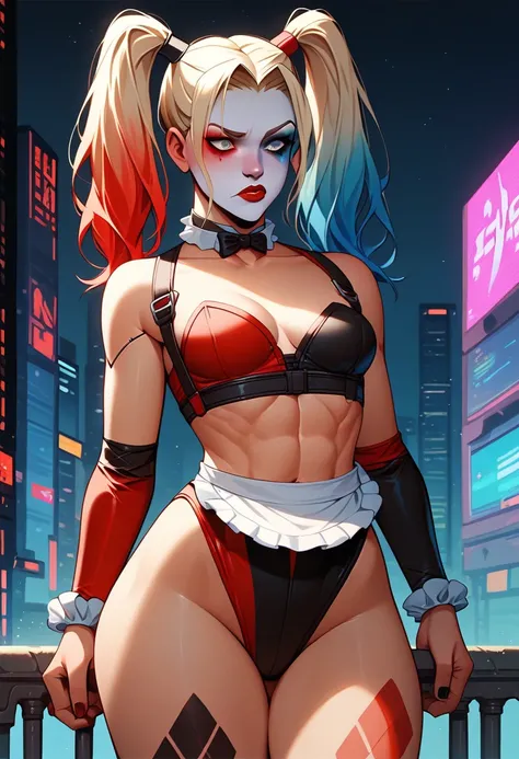 Harley_quinn, wearing an erotic maid outfit,  blue and red hair , confused look, Cyberpunk ,  medium breasts,  thick thighs,  pe...