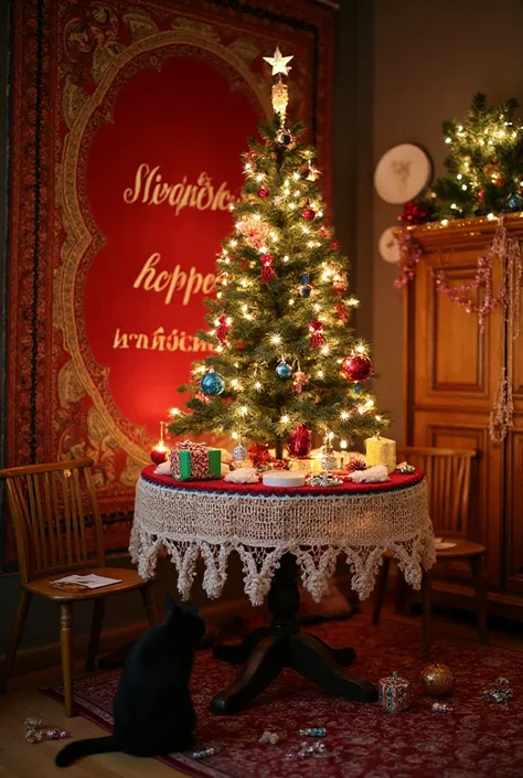 The indoor festive scene focuses on a beautifully decorated Christmas tree, decorated round table, covered knitted lace tableclo...