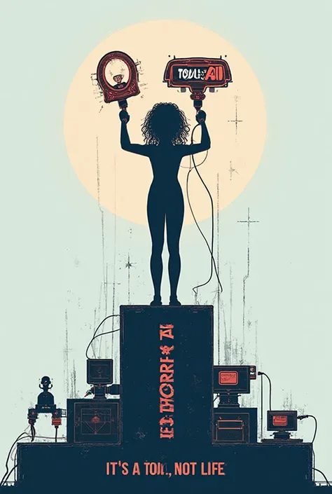 “Poster design: A human silhouette standing confidently on top of a platform, holding a tool-shaped AI device connected by cable...