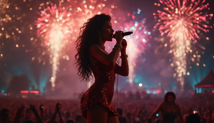 beautiful woman, latina , singer , with microphone , dancing and singing , with Christmas costume , short and sensual , at night...