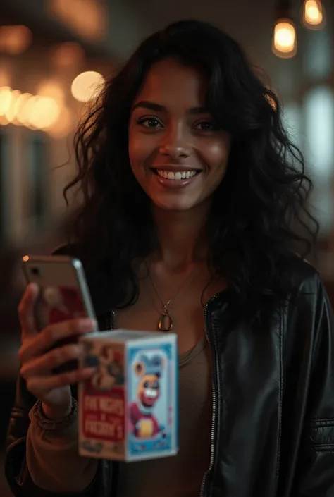 “Young adult woman, dark-skinned, wavy black hair, confident expression and a natural smile. . He holds a pigeon box themed to t...