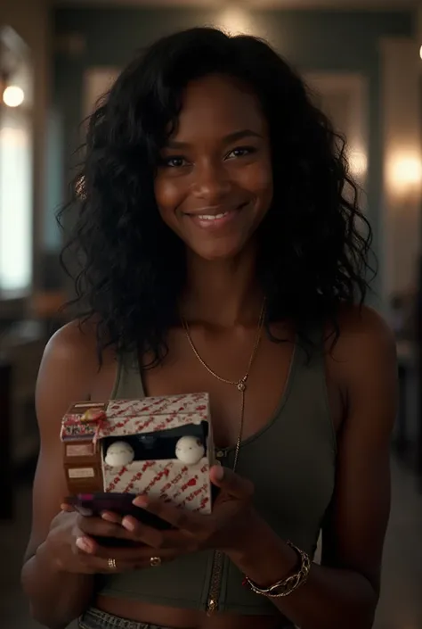 “Young adult woman, dark-skinned, wavy black hair, confident expression and a natural smile. . He holds a pigeon box themed to t...