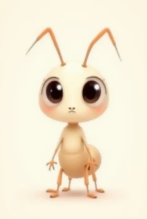 "Cute cartoon ant character in pastel colors, big focused eyes staring ahead, creamy white pastel body, antennas straight and ri...