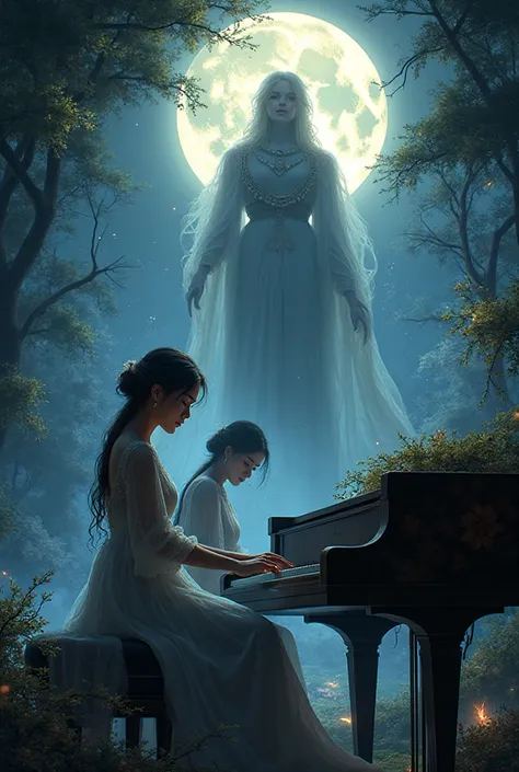 Iberian pianist playing the piano under the moonlight in front of the goddess Demeter.