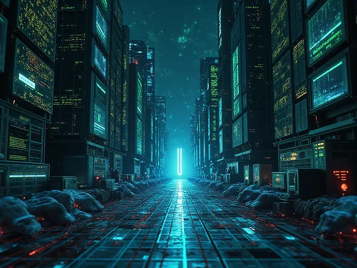 Full plan image, realista, Blue Sweaters, a city made with a piece of computer servers, Panels, color cables, computers and a gi...