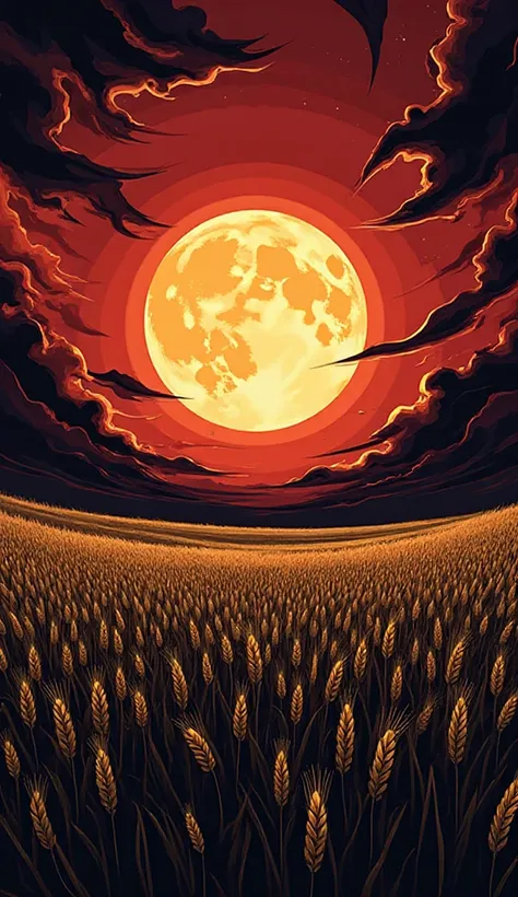 Wallpaper for phone, vertical aspect ratio. A vast field of wheat blowing in the wind in the foreground, dark silhouettes. A gia...