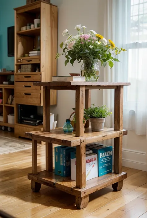 Soft translucent colors with visible watercolor paper texture. A rustic two-tier wooden shelf unit, exactly the same shape, prop...