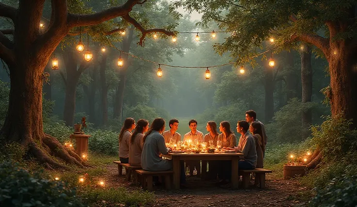 REALISTIC FOREST. in the distance there is a festive table, lanterns are hung on the trees. style - rural chic