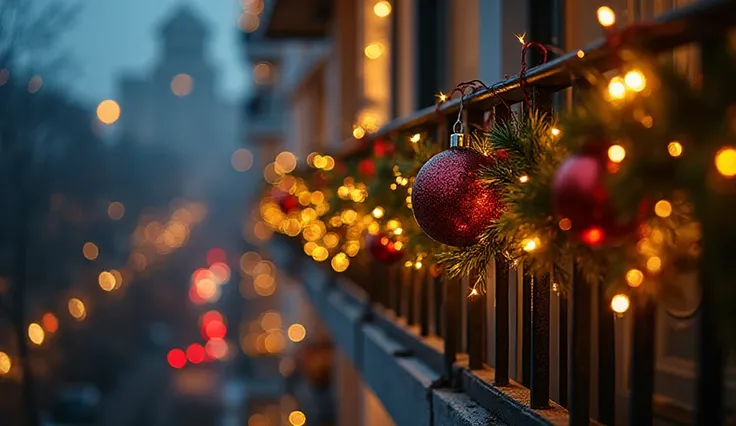 Festive balcony decoration for Christmas and New Year. Close up of Christmas decoration balls and garland of lights wrapped arou...