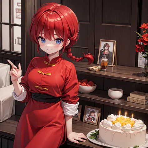 ((Best Quality、8k、masterpiece))、((1 girl))、((cute))、smiling、red color hair、Braids、Chinese clothes