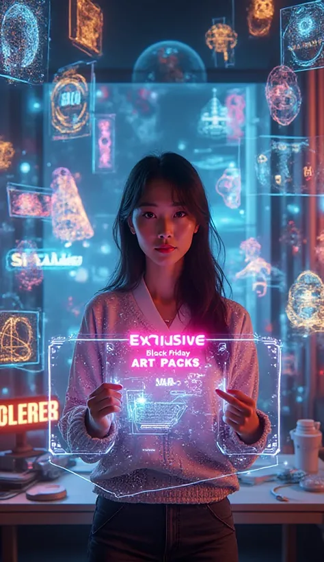 A striking Asian artist stands at the center of her futuristic creative studio, bathed in the electric glow of holographic maste...