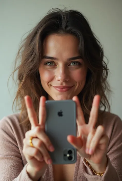 An image of Anya Taylor Joy taking a selfie with her two fingers up 