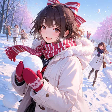 Anime-style illustration of a young person with short, wavy dark brown hair, wearing a large red and white striped bow on the ri...