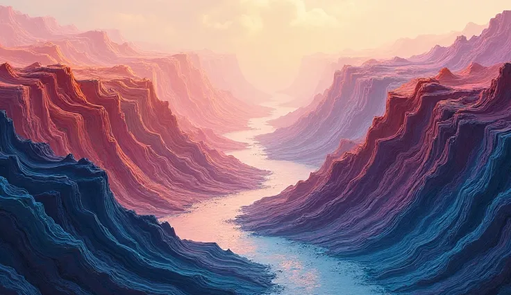 Wide landscape wallpaper of thick acrylic paint layers resembling a natural canyon, deep grooves and ridges lit with soft side l...