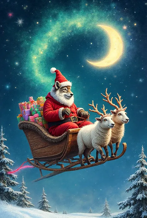 hyperrealistic, detailed crayon drawing in the style of an enchanting, festive winter painting. The sled is made by a team of fo...