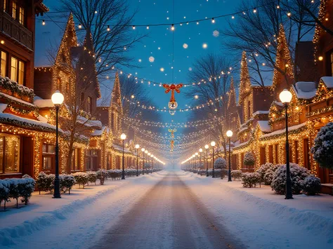 Hyper realistic long exposure night shot of a decorated Christmas street with glowing lights and snow-covered pavement, empty ro...