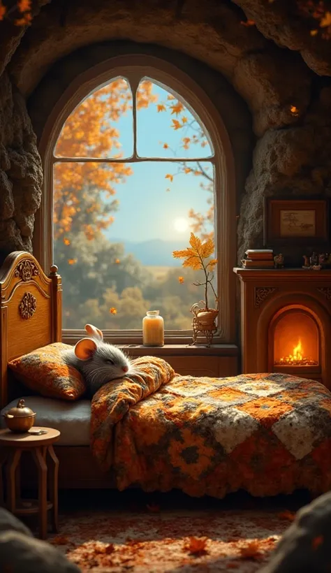 A masterpiece. An autumn landscape depicting a cozy bed located in a cozy burrow. The bed is made of warm polished wood with a d...