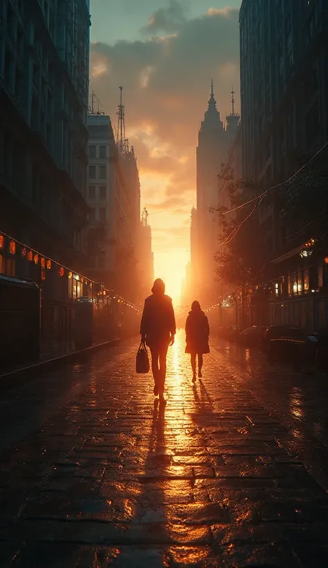 Show the city as rebirth, strength, family, light breaking through darkness.. Style: cinematic, ultra-realistic, cinematic light...