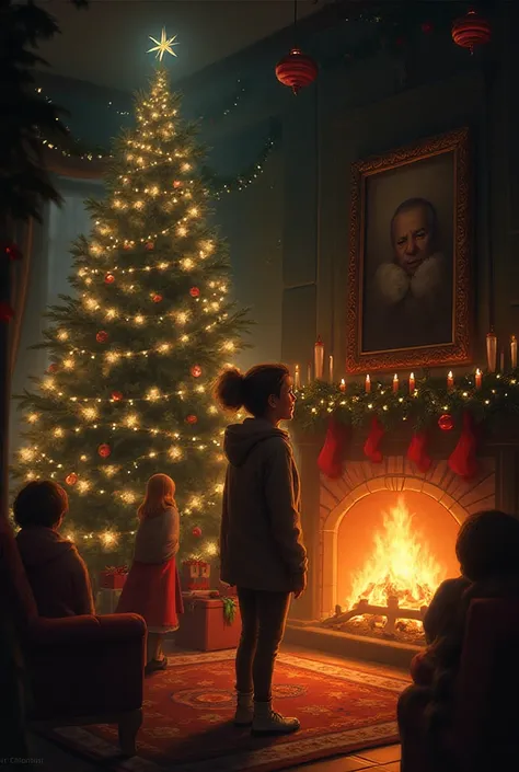 movie alone at home Create a poster where the main character stands in front and secondary characters behind. Christmas atmosphe...